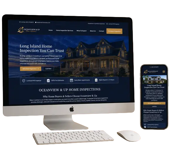 Responsive Long Island home inspection website design for Oceanview & Up Home Inspections displayed on desktop and mobile devices, showcasing a professional, mobile-friendly business website.