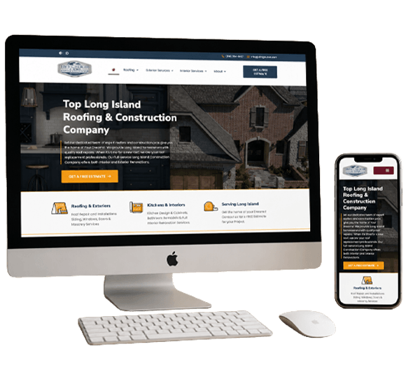 Responsive website design portfolio featuring desktop and mobile views of a completed Long Island roofing and construction company website.