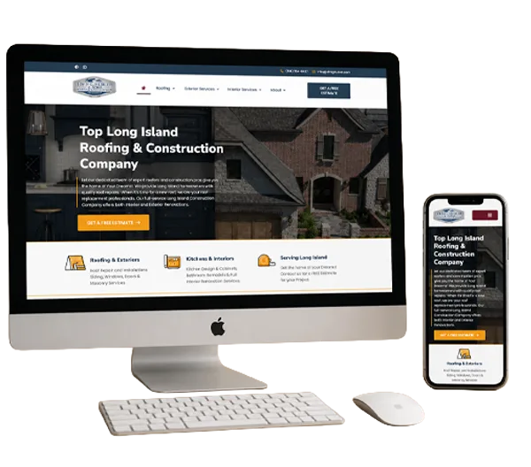 Responsive website design portfolio featuring desktop and mobile views of a completed Long Island roofing and construction company website.