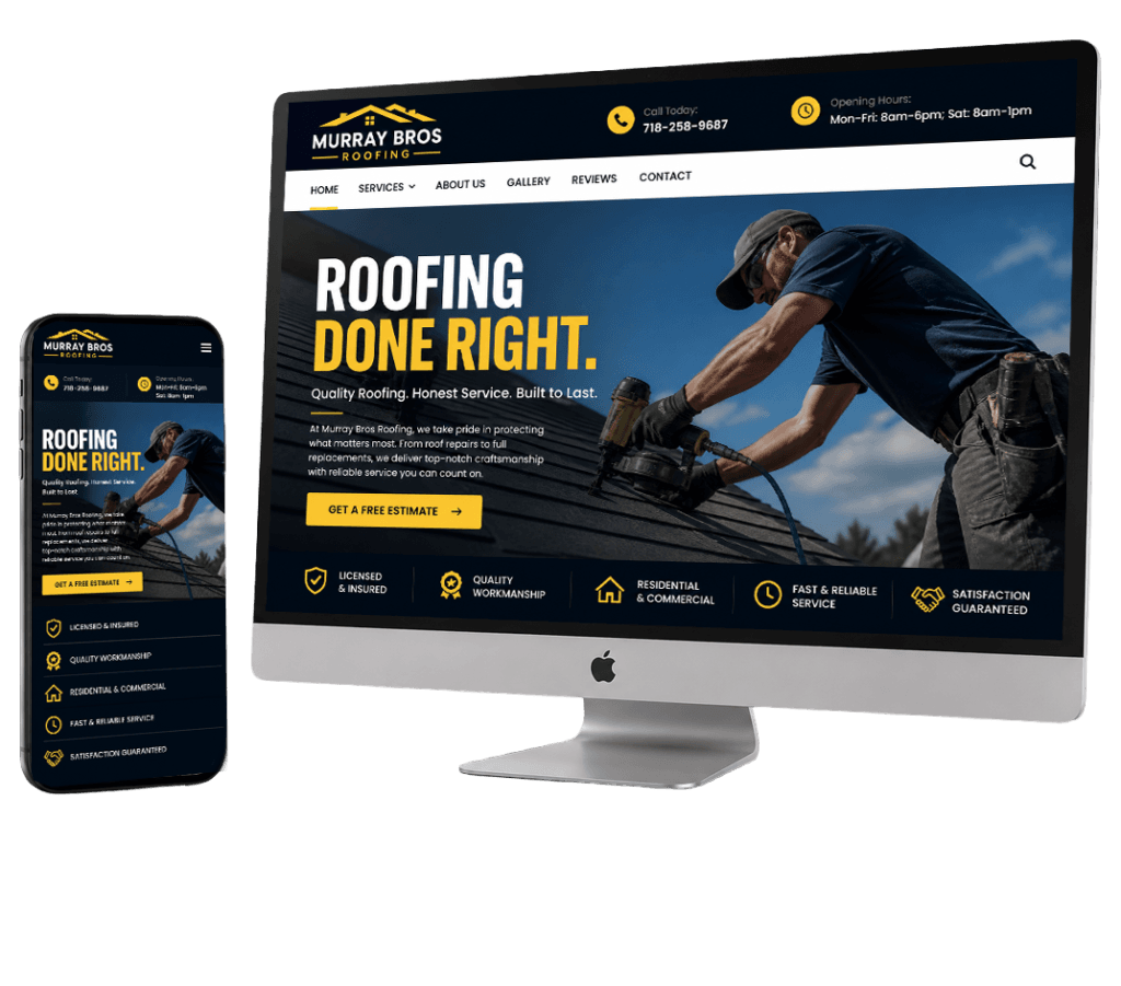 Website designed for a Long Island Roofing company by Candi Coded shown on a desktop and responsive phone