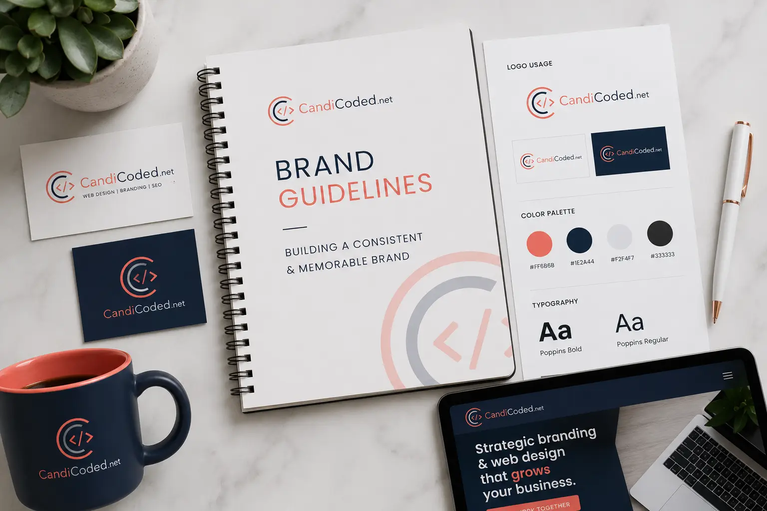 Modern flat lay branding workspace for CandiCoded featuring brand guideline materials, logo mockups, color palette samples, business cards, a branded coffee mug, and digital website previews arranged on a clean marble desk in coral, navy, and white tones.